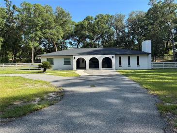 Charming single-story home featuring a long driveway, arched entry, neutral paint, and large, mature trees at 16742 Se 165Th Ave, Weirsdale, FL 32195