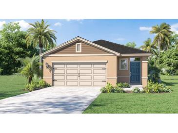 Charming single-story home with a two-car garage, well-manicured lawn, and beautiful landscaping at 8391 Madrid St, Lakeland, FL 33810