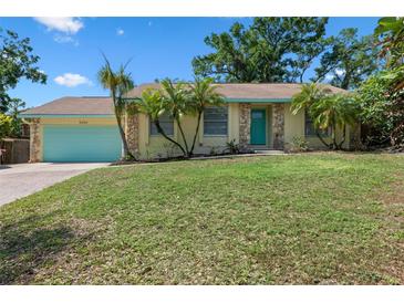 Charming single-story home with a well-maintained lawn and a lovely teal-colored garage door at 3606 Palm Ave, Apopka, FL 32703