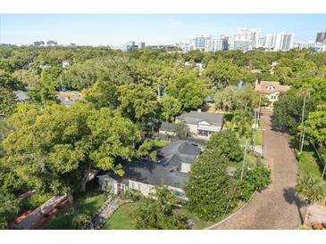 Aerial view of a property surrounded by mature trees and greenery; showcases location near cityscape at 100 Kennison Dr, Orlando, FL 32801