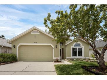 Charming single-Gathering home boasts a well-maintained lawn, a two-car garage, and fresh exterior paint at 12832 Downstream Cir, Orlando, FL 32828