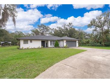 Charming single-story home with a well-manicured lawn, gray roof, a paved driveway, and a two-car garage at 237 Church St, Lake Helen, FL 32744