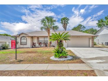 Inviting single-story home with a two-car garage and well-manicured landscaping featuring charming palm trees at 15628 Hidden Lake Cir, Clermont, FL 34711