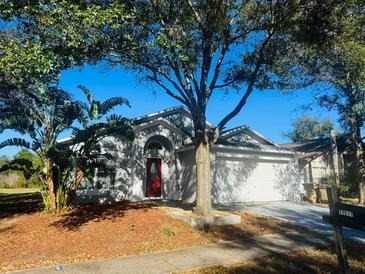 Charming single-story home with a well-maintained front yard and mature trees, featuring a red front door and attached garage at 17517 Silver Creek Ct, Clermont, FL 34714