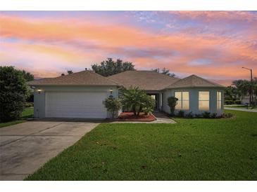 Charming single-story home featuring a well-manicured lawn and inviting curb appeal against a colorful sunset sky at 26609 Bull Run, Leesburg, FL 34748