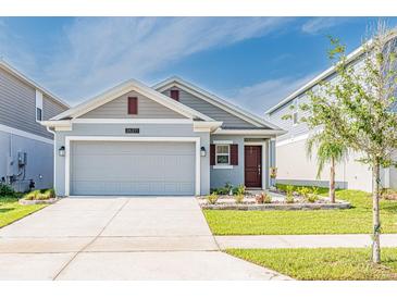 Charming single-story home featuring a gray facade, well-maintained landscaping, and an attached two-car garage at 26271 Feathergrass Cir, Leesburg, FL 34748