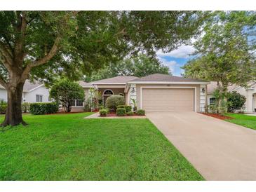 Charming home featuring a lush lawn, mature trees, and a two-car garage at 3843 Beacon Ridge Way, Clermont, FL 34711