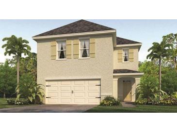 Two-story home with a two-car garage, neutral stucco facade, complemented by tan shutters and well-maintained landscaping at 3061 Moulin Rd, Davenport, FL 33837