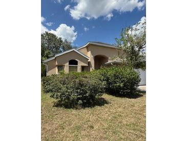 Beige one story home with mature shrubs in front yard under sunny skies at 13543 Emeraldview Dr, Orlando, FL 32828