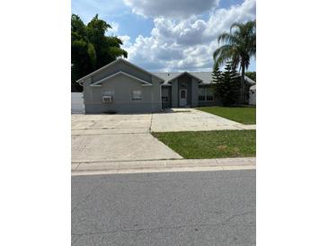 Traditional single story home featuring a large concrete driveway and mature landscaping at 233 Red Maple Dr, Kissimmee, FL 34743