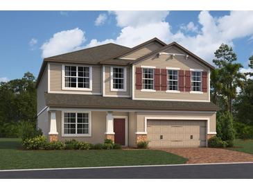 Inviting two-story home with a neutral color palette, red shutters, and an attached two-car garage at 1153 Basalt Ln, Sanford, FL 32771