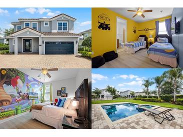 Real estate listing showcasing the property's exterior elevation, two themed bedrooms, and a private pool with lawn chairs at 7739 Graben St, Kissimmee, FL 34747
