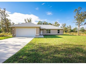 Charming single-story home with a two-car garage, lush lawn, and inviting curb appeal at 74 Malauka Pass, Ocklawaha, FL 32179