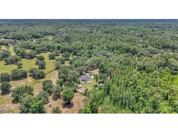 An aerial view of a single-story home nestled among mature trees in a heavily wooded area at 16758 Ne 135Th Ave, Fort Mc Coy, FL 32134