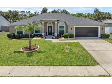 Charming single Gathering home featuring a well-manicured lawn, elegant landscaping, and an attached two-car garage at 445 Oakland Park Blvd, Port Orange, FL 32127