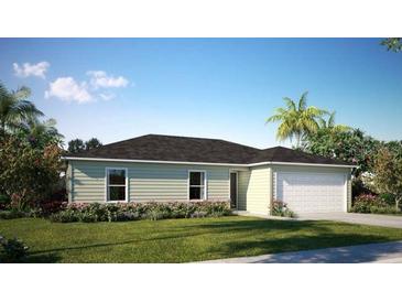 Charming single-story home featuring a well-maintained lawn, complemented by lush landscaping and a two car garage at 1114 Camden W Way, Poinciana, FL 34758
