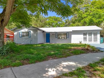 Charming single-story home featuring a freshly painted exterior, blue door, and well-maintained front lawn at 1307 Jean Ct, Eustis, FL 32726