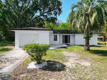 Beautiful exterior view of a white home showcasing a well-kept lawn, landscaping, and attached garage at 43 Lake Court Loop, Ocala, FL 34472