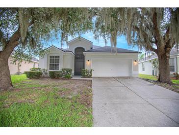 Charming single-story home with a two-car garage and mature trees with Spanish moss in a well-maintained yard at 3128 Stonehurst Cir, Kissimmee, FL 34741