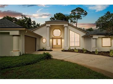 Stunning home exterior featuring a well-manicured lawn, double doors, and architectural pillars at sunset at 388 Hampton Hills Ct, Debary, FL 32713
