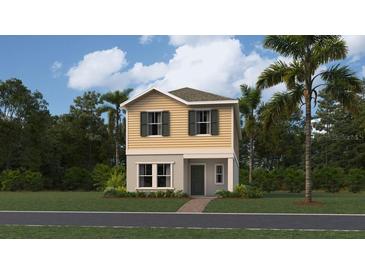 Charming two-story home with yellow siding, dark shutters, and well-maintained landscaping at 7183 Rosy Sky Ave, Orlando, FL 32829