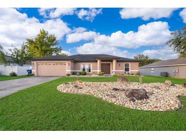 Charming single-story home with well-manicured lawn and rock garden at 146 Hidden Pointe Ln, Groveland, FL 34736