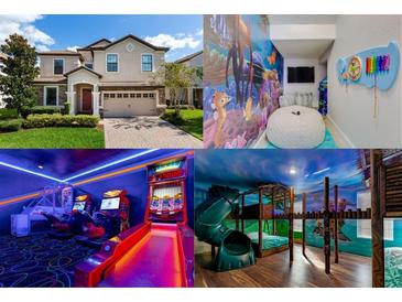 Collage featuring a home's exterior, themed rooms, and a game room offering a glimpse of luxury living at 1421 Wexford Way, Davenport, FL 33896