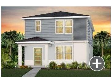 Charming two-story home featuring gray siding, a welcoming front porch, and lush landscaping at 5039 Starling Bird Ln, St Cloud, FL 34771