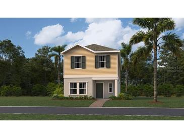 Charming two-story home with a yellow exterior and neatly manicured lawn at 7183 Rosy Sky Ave, Orlando, FL 32829