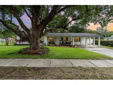 Charming single-story home featuring a lush green lawn and mature tree offering shade and curb appeal at 4111 Dublin St, Orlando, FL 32812