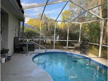 Relaxing screened-in pool with lounge chairs surrounded by lush landscaping creates a private oasis at 19430 Sw 100Th Loop, Dunnellon, FL 34432