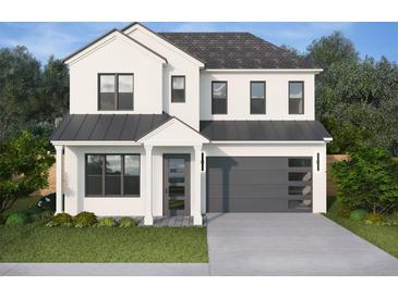 Two story home with a modern design, featuring white stucco, dark trim, and a gray door and garage door at 2508 Depauw Ave, Orlando, FL 32804
