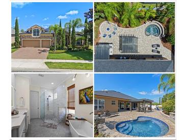 Collage showcasing front elevation, aerial view, primary bathroom, and backyard pool at 2456 Northumbria Dr, Sanford, FL 32771