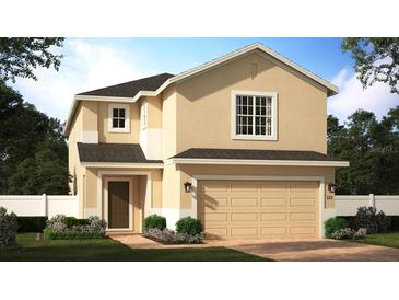 Two-story home featuring a two-car garage, neutral color palette, well-manicured lawn, and a simple front door at 1365 Sawgrass Hammock Ln, Davenport, FL 33837