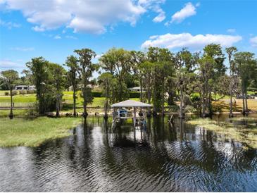 Scenic view of the covered boat dock in tranquil lake setting at 12130 Lakeshore Dr, Clermont, FL 34711