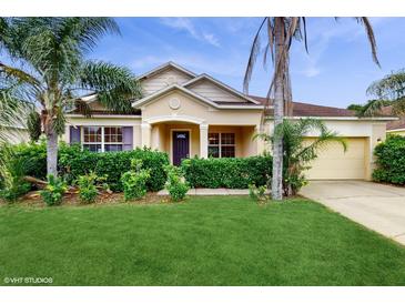 Charming single-story home with a well-manicured lawn and tropical landscaping, creating a welcoming curb appeal at 579 Setting Sun Dr, Winter Garden, FL 34787