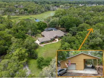 Expansive aerial view of the property showing the home, the additional garage, and a pond surrounded by lush greenery at 1550 Kevin Ln, Deland, FL 32724