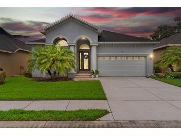 Charming single-Gathering home with well-manicured lawn, tropical landscaping, and a two-car garage at sunset at 1035 Stoney Creek Dr, Lakeland, FL 33811