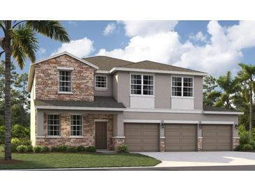 New two-story home with stone accents, a three-car garage, and well-maintained landscaping on a sunny day at 33313 Country House Dr, Sorrento, FL 32776