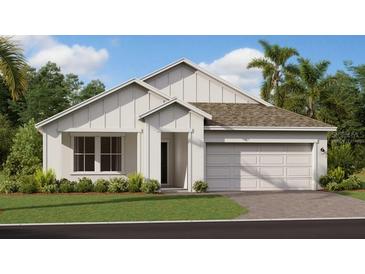 Charming new construction home with a two-car garage, modern farmhouse accents, and tidy front lawn at 2895 Haze Rd, Clermont, FL 34714