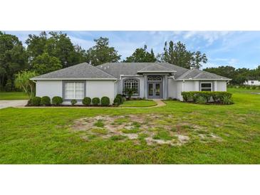 Charming single-story home with a well-manicured lawn, mature landscaping, and a light gray exterior at 15038 Willow Ln, Tavares, FL 32778