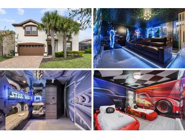 Beautiful two-story home featuring a manicured lawn, palm trees, and a welcoming front entrance at 8801 Macapa Dr, Kissimmee, FL 34747