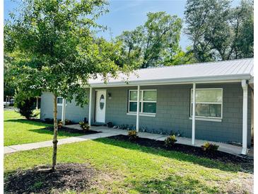 Charming single-story home featuring a metal roof, neutral gray color, tidy landscaping, and a welcoming walkway at 255 Belinda Dr, Deland, FL 32720