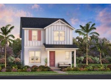 Charming two-story home with white siding, red shutters, and landscaped yard at 2623 Long Pine Ave, Apopka, FL 32712