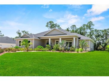 Beautifully landscaped one story home with a sprawling green lawn and mature trees on a sunny day at 1536 Pine Island Rd, Kissimmee, FL 34744