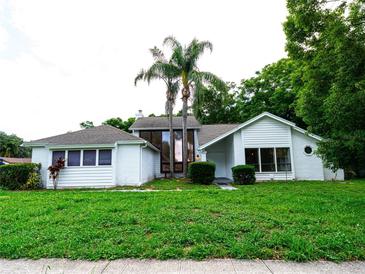Charming white home featuring lush green lawn, mature palm trees, and unique architectural details at 5607 Spring Run Ave, Orlando, FL 32819