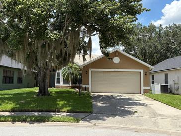 Charming single-Gathering home features a well-maintained lawn and a two-car garage, complemented by mature landscaping at 13027 Desert Forest Ct, Orlando, FL 32828