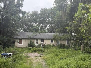 Single-story home with a gray roof surrounded by an overgrown front yard and large trees at 3028 Riverdale Rd, Orlando, FL 32817