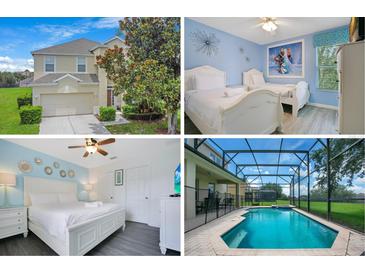 Collage showcases the home's exterior, bedrooms, and a private screened-in pool area at 2669 Manesty Ln, Kissimmee, FL 34747