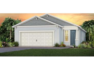 Charming single-Gathering home featuring a two-car garage, craftsman details and lush landscaping against a colorful sunset backdrop at 2338 Lily Bloom Rd, St Cloud, FL 34771